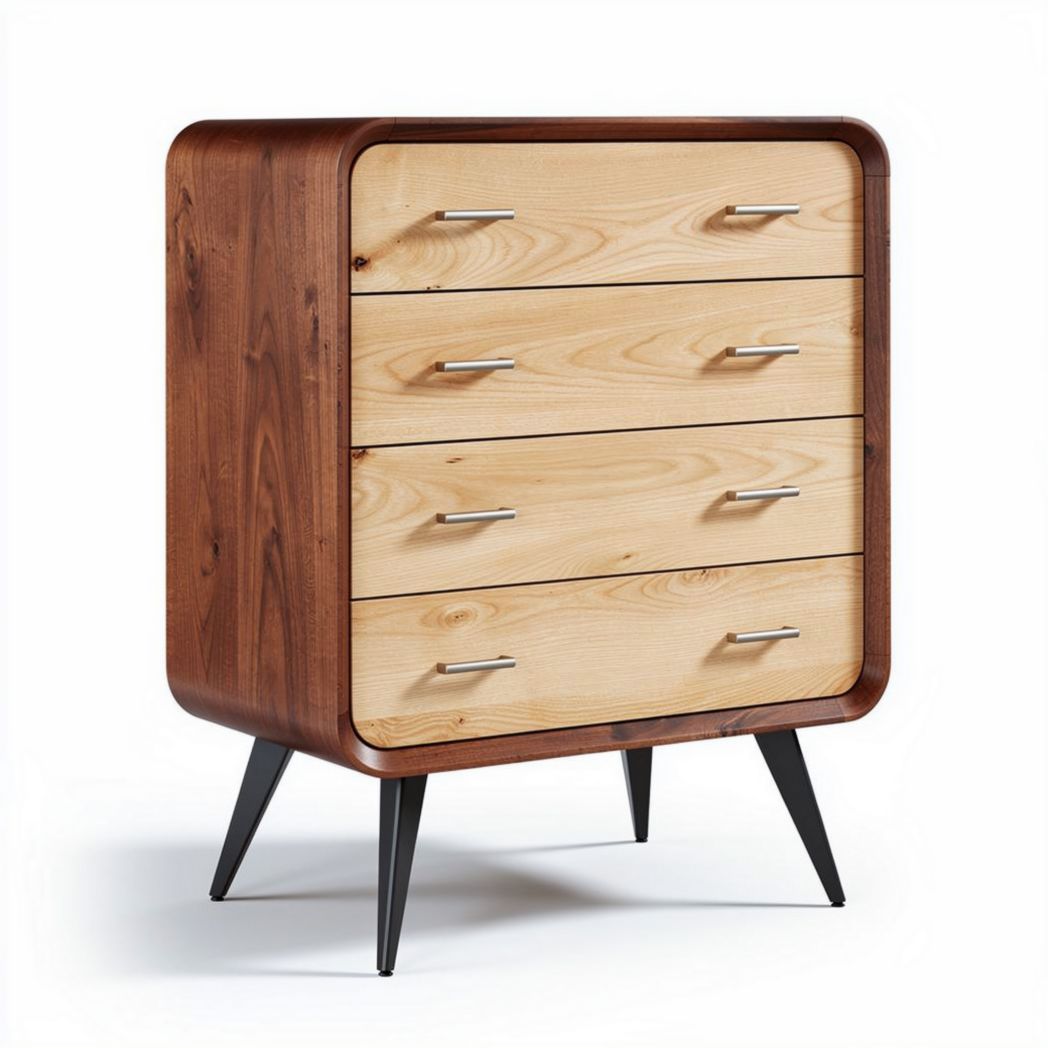 Wooden chest of drawers in walnut and maple finish with four storage drawers 80 x 40 x 100cm