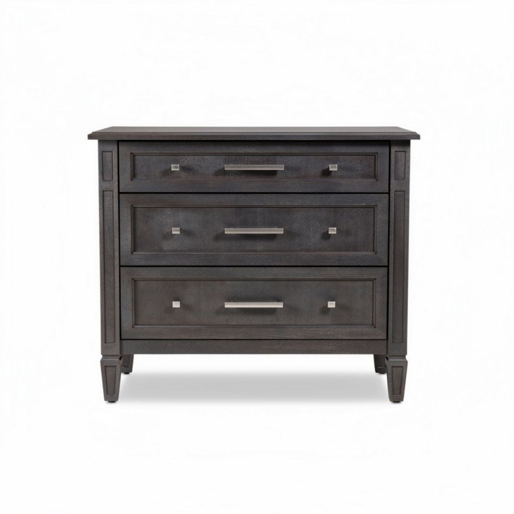 Modern wood nightstand with three drawers in dark finish 30 x 16 x 26 inches