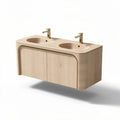 Double sink bathroom vanity in natural wood finish with gold faucets 120 x 50 x 40cm