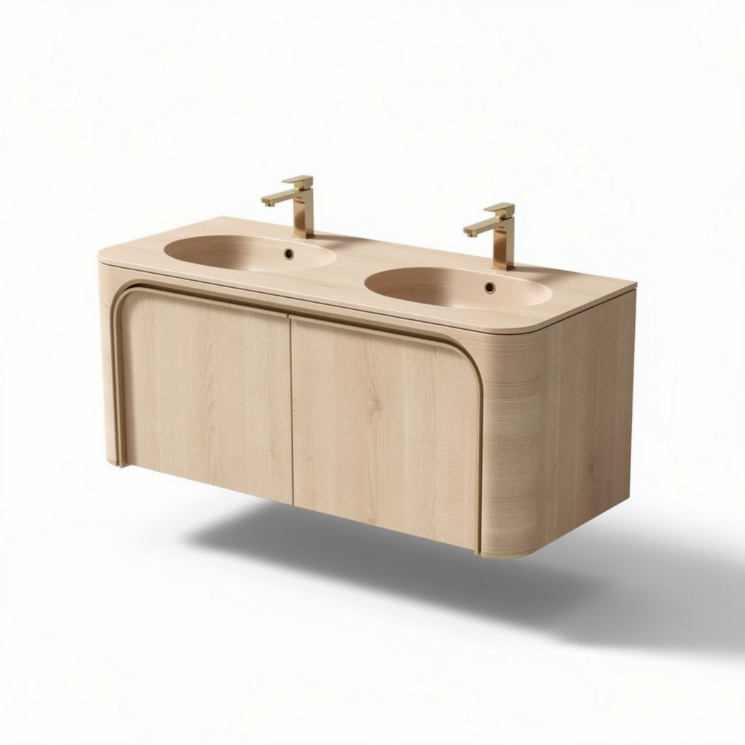 Double sink bathroom vanity in natural wood finish with gold faucets 120 x 50 x 40cm