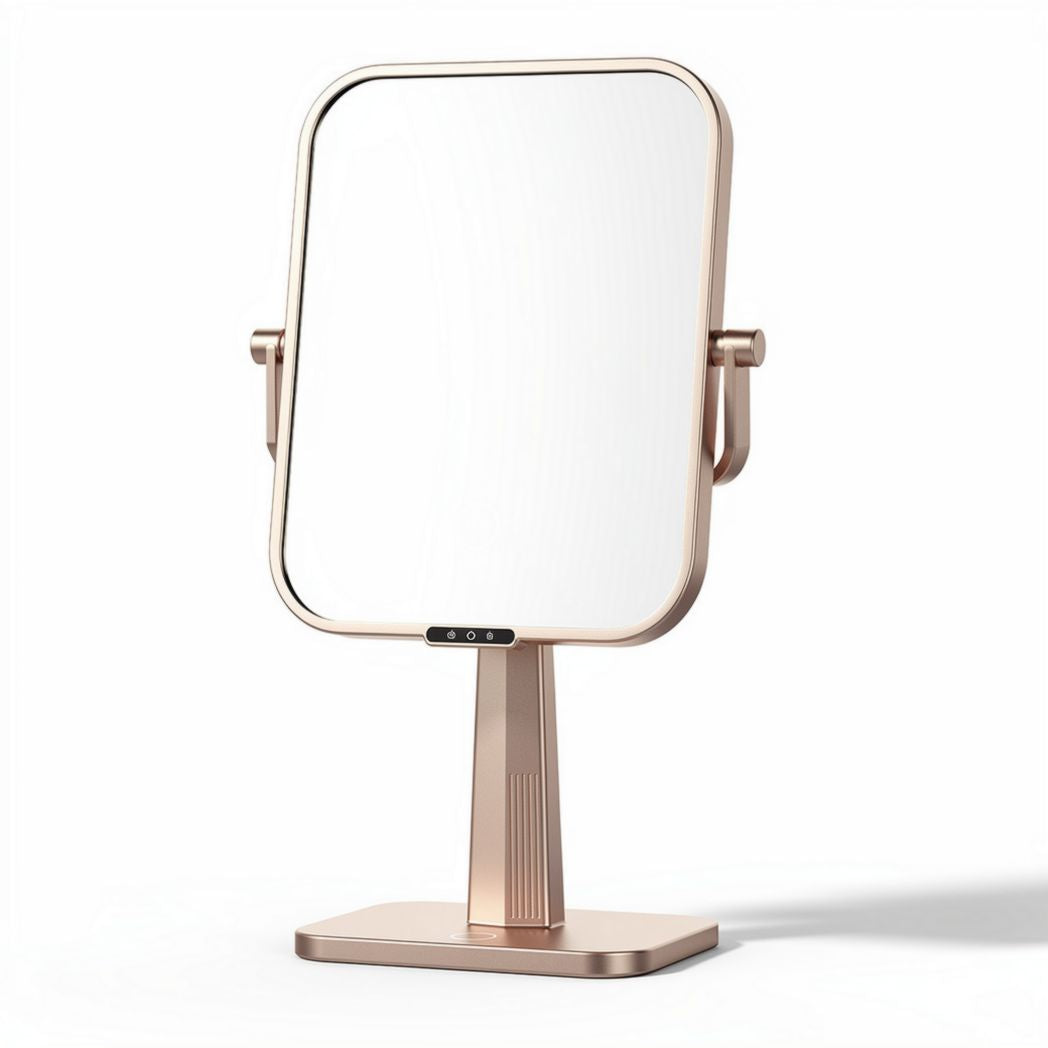 Tabletop vanity mirror with adjustable stand and LED lighting in rose gold 20 x 15 x 40cm