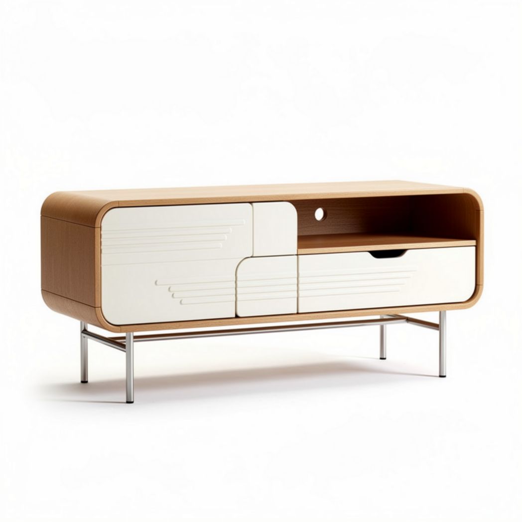 Wooden media console with storage drawers and metal legs 150 x 40 x 50cm