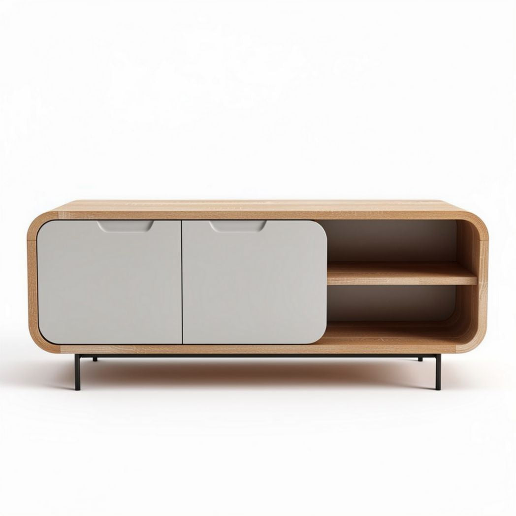 Modern wooden media console with two doors and open shelving 120 x 40 x 45cm