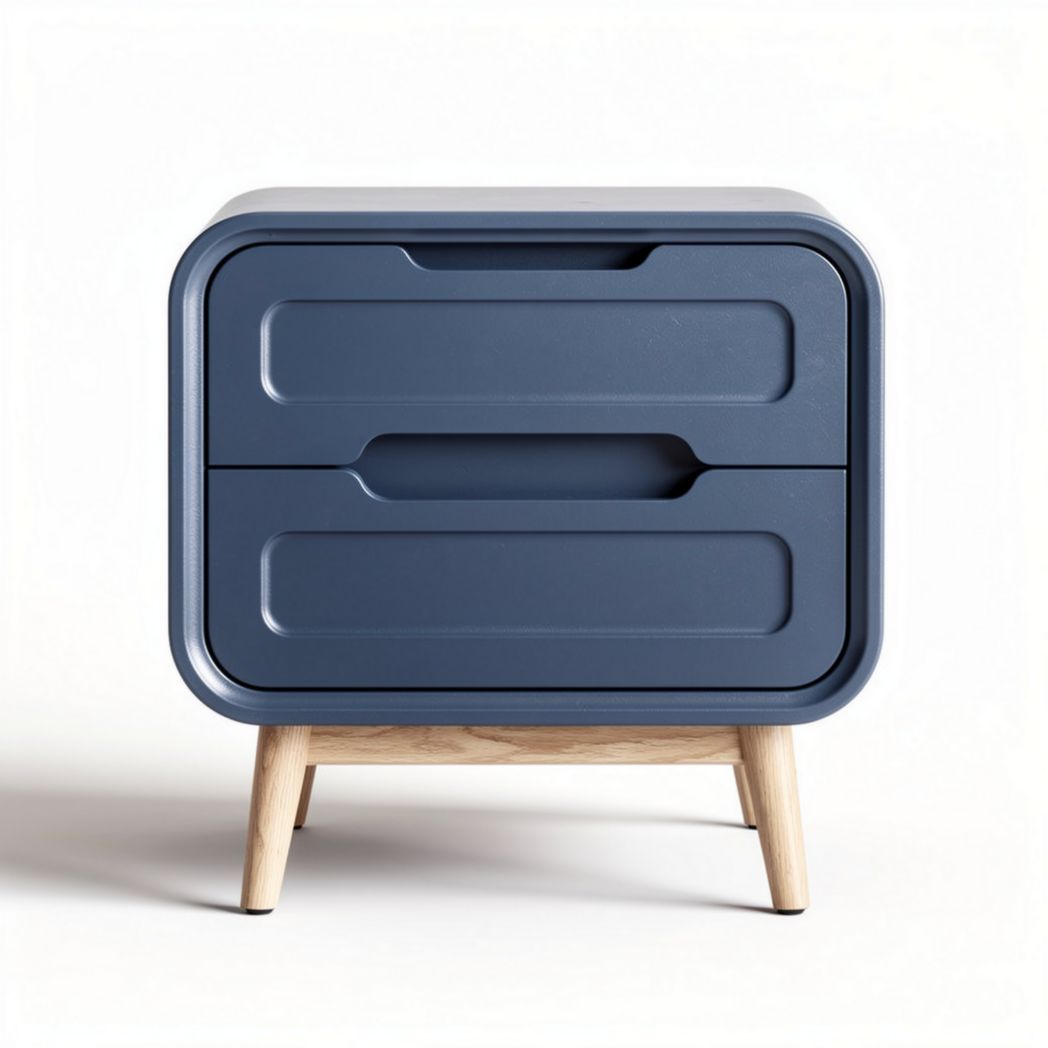 Navy blue bedside table with oak legs and two storage drawers 40 x 40 x 50cm