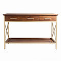 Wooden console table with three drawers in walnut finish and gold metal frame 120 x 40 x 75cm