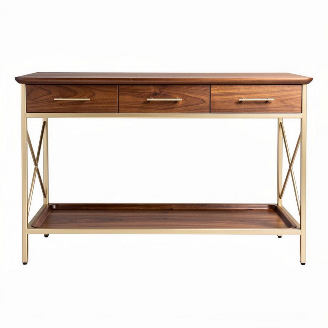 Wooden console table with three drawers in walnut finish and gold metal frame 120 x 40 x 75cm