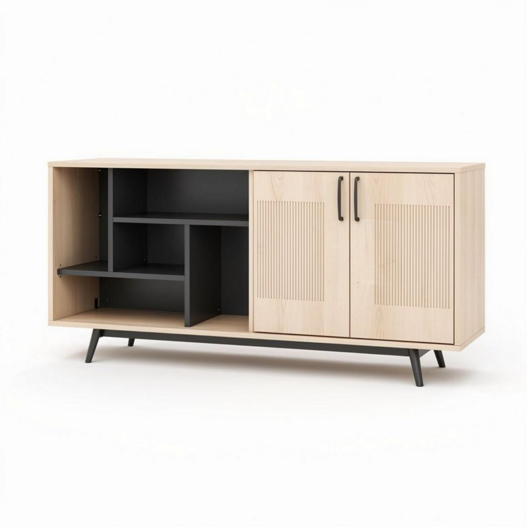 Wooden sideboard with sliding doors and open shelving 150 x 40 x 70cm in natural finish
