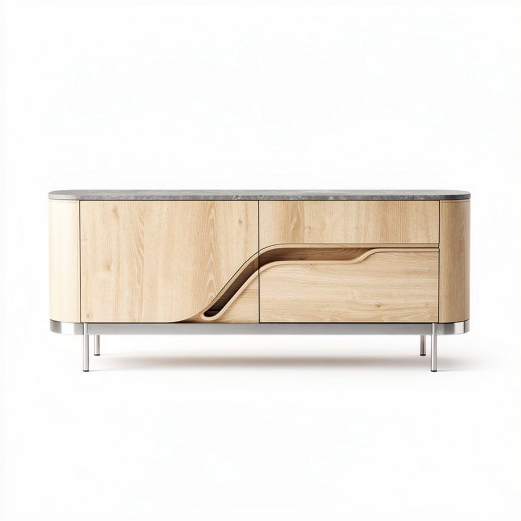 Wooden sideboard with marble top and curved drawer design 120 x 40 x 50cm